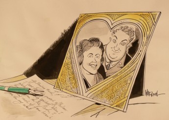 Cartoonist Warren Brown drew this picture of Joe and Enid Lyons in 2007. It depicts a love letter being written from Joe to Enid. MoAD Collection.