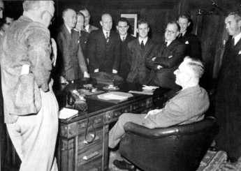 Former journalist John Curtin meets the Canberra Press Gallery (known as The Circus) c1945. Photo - John Curtin Prime Ministerial Library