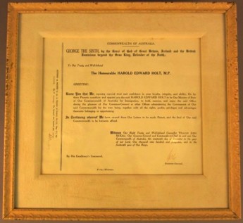 This commission certificate was presented to Harold Holt when he became Minister for Immigration in 1949. Immigration became an important issue for Holt, and both as minister and Prime Minister he worked to end the White Australia Policy that had been in place since Federation. Museum of Australian Democracy Collection.