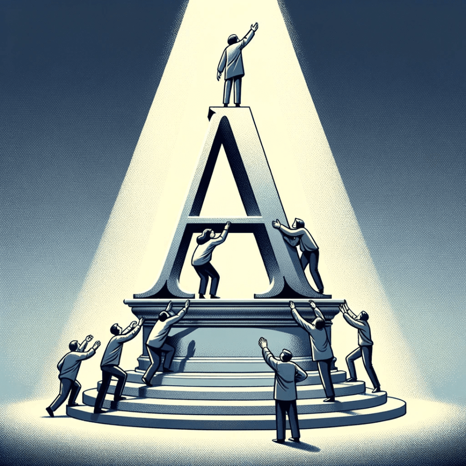 Image describing people trying to ascend a pedestal with a logo on it