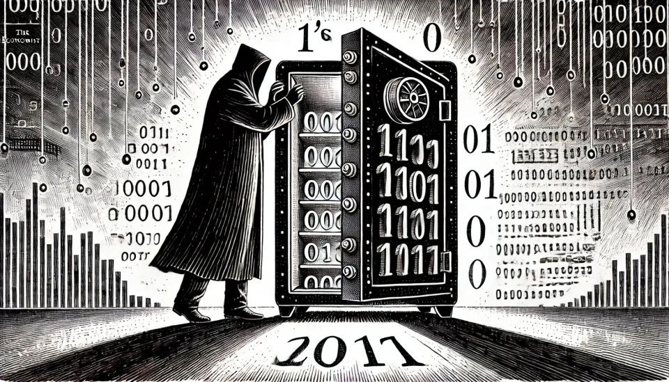 Image depicting a safe with binary code being thrown open by a shadowy figure