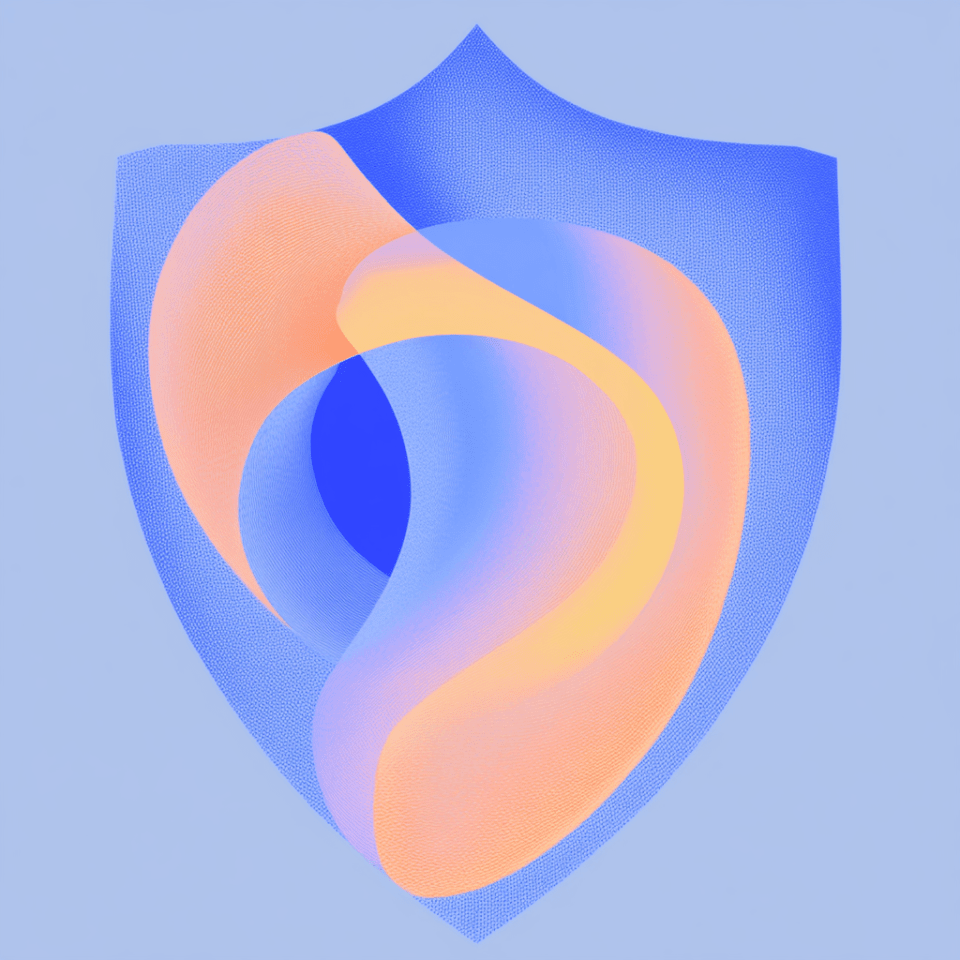 A shield protecting a colorful brand logo, symbolizing intellectual property protection