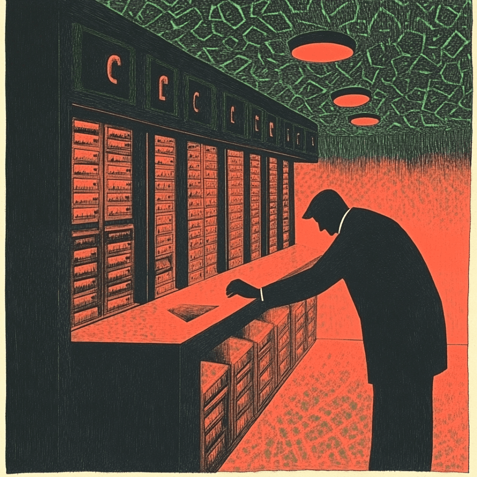 An office vault room with steel safety deposit boxes, business person accessing one box
