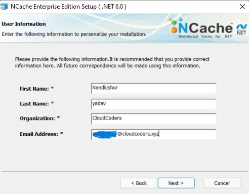 NCache Windows Installation User Info