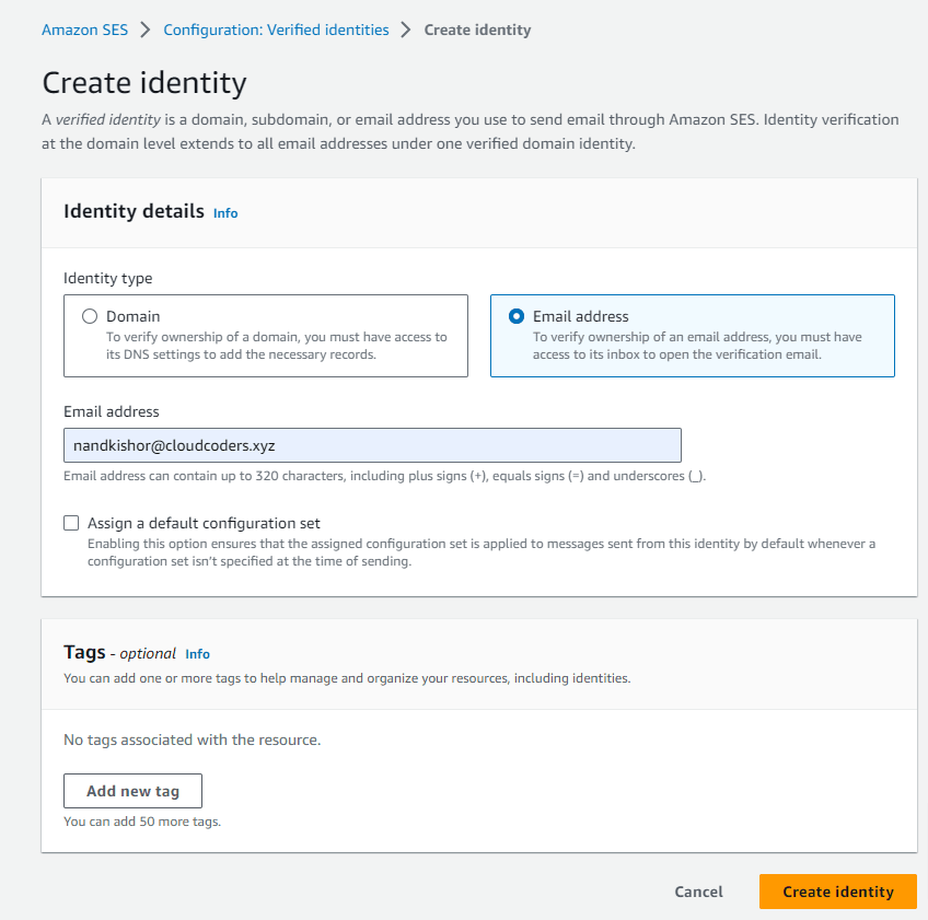 aws simple email service create identity