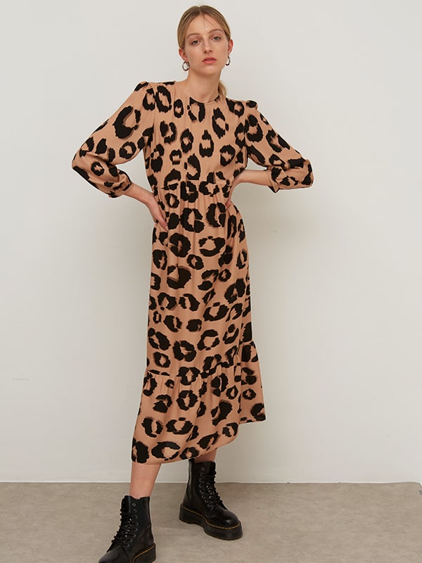 Lenzing EcoVero Brown Large Animal Rachel Babydoll Midi Dress | Nobody ...