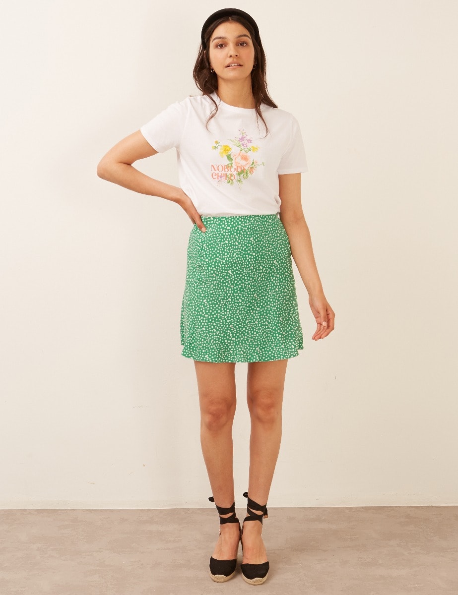 Lenzing Ecovero Green and White Ditsy Camillia Bias Mini Skirt | Nobody\'s  Child
