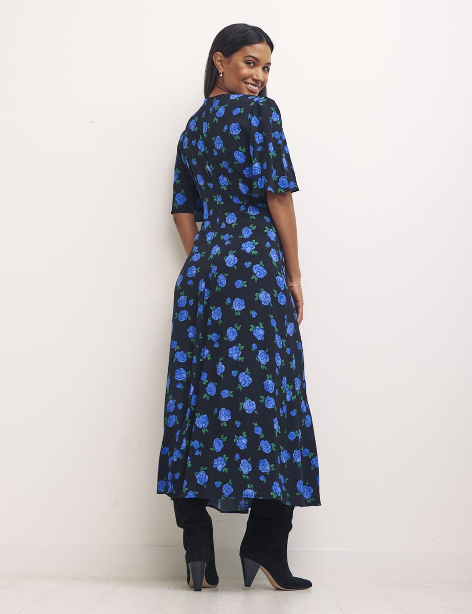 Blue Retro Floral Print Daisy Midi Dress