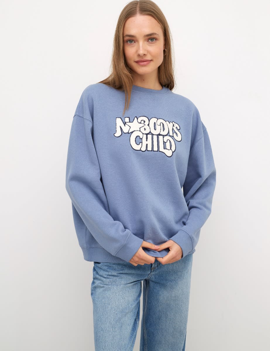 Blue Nobody\'s Child Child Neck | Crew Sweater Nobody\'s Logo Boxy