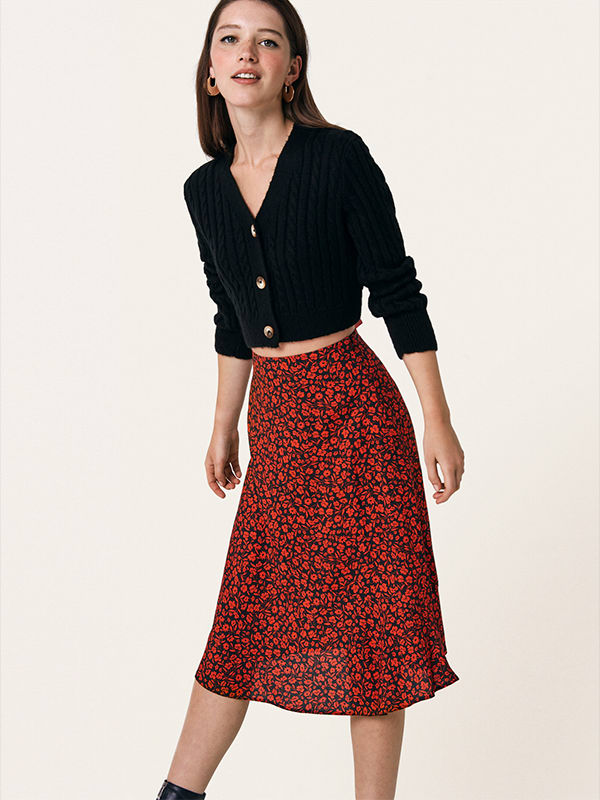 Black and Red Floral Fran Midi Skirt