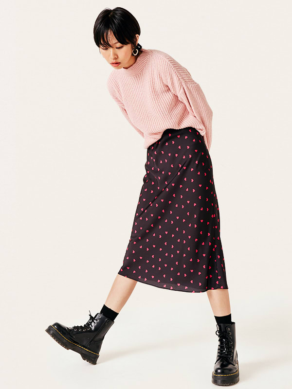 Black and Pink Heart Katy Bias Satin Midi Skirt