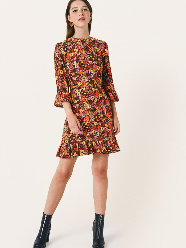 Brown and Yellow Floral Fleur Mini Dress