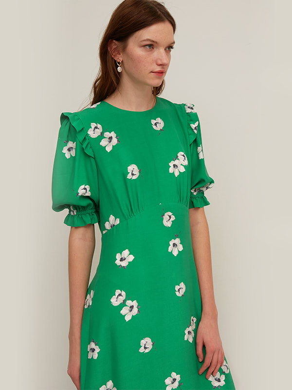 Lenzing EcoVero Green and White Floral Felicia Frill Midi Dress