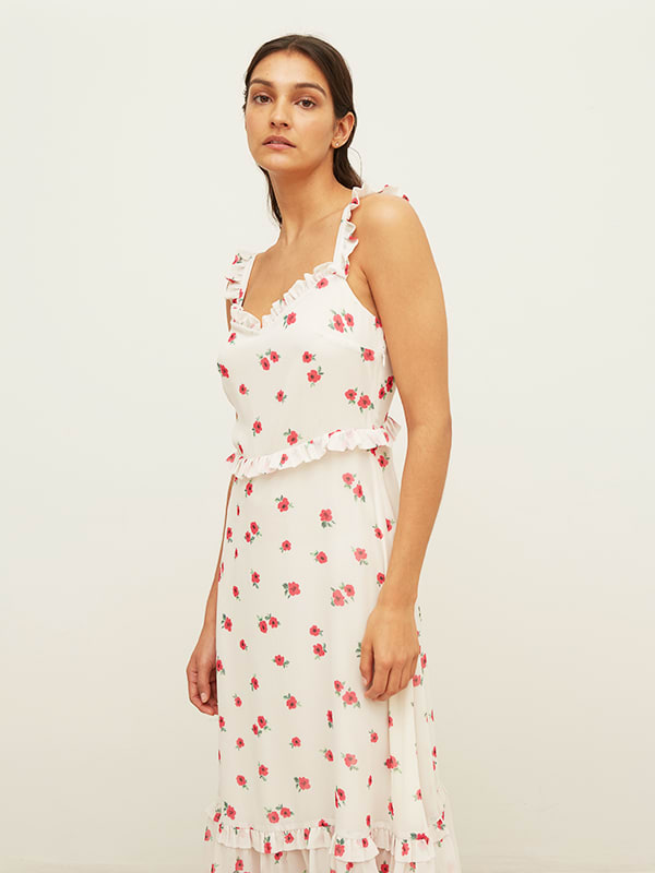 REPREVE Cream and Pink Floral Summer Frill Midi Dress