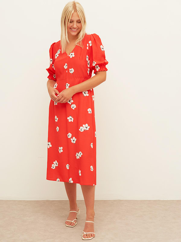 Lenzing™ EcoVero™ Red and White Floral Teresa Tie Back Midi Dress