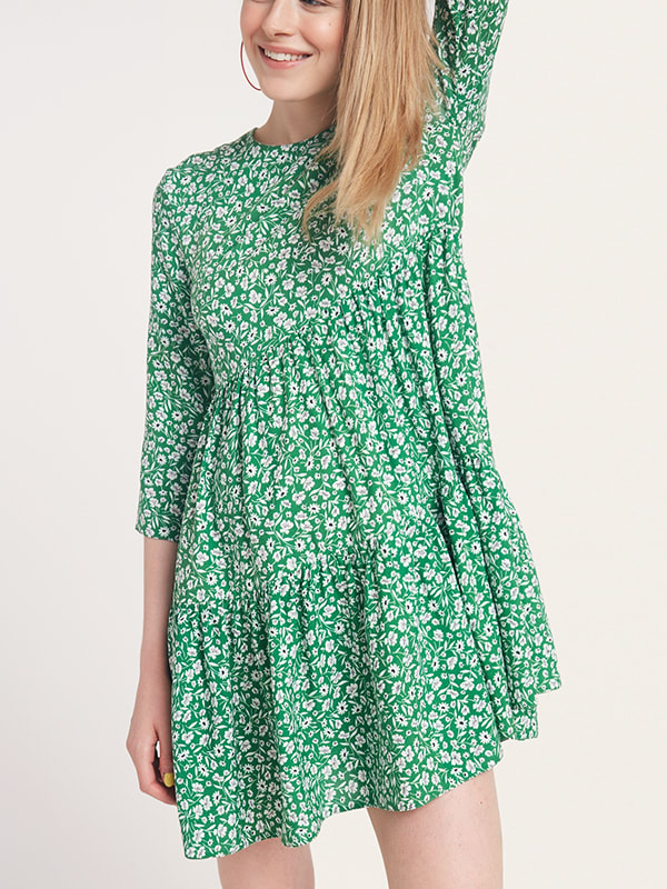 Green and White Floral Coryn Smock Mini Dress