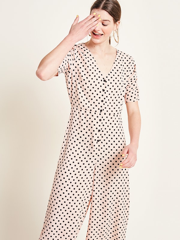 Pink and Black Spot Print Button Front Jumpsuit