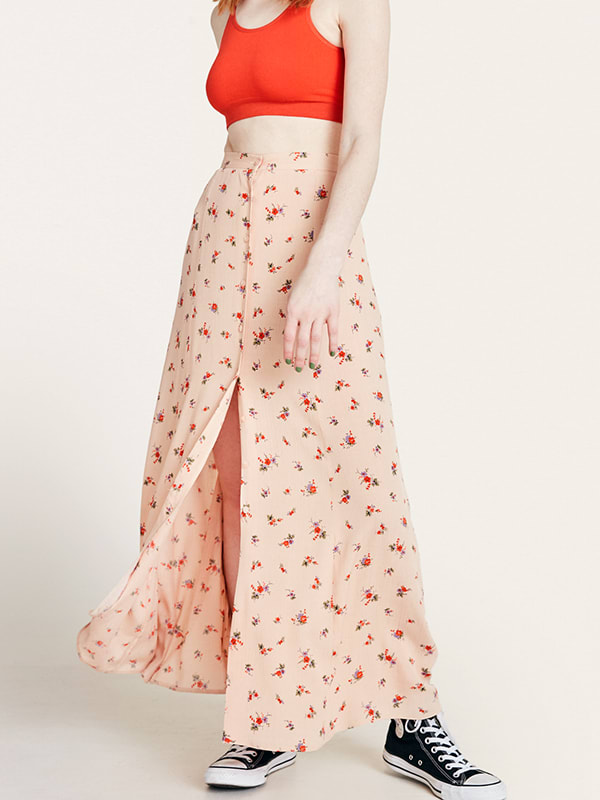 Pink Leana Floral Print Button Through Maxi Skirt