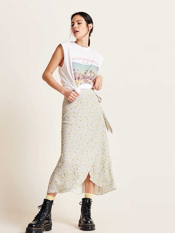 Grey and Mustard Floral Leona Midi Skirt