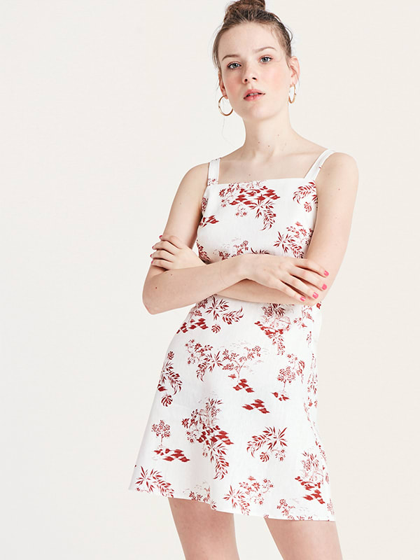 Red and White Scenic Millie Linen Blend Mini Dress