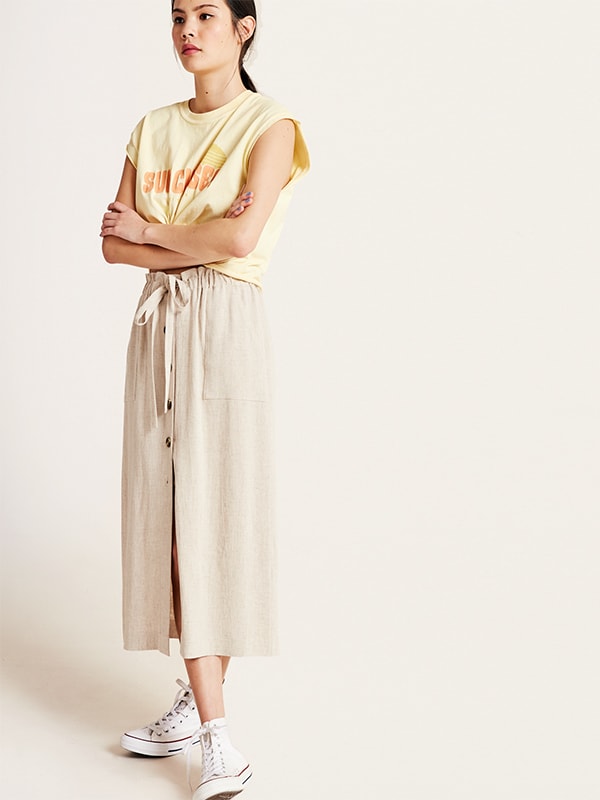 Natural Kiera Linen Blend Midi Skirt