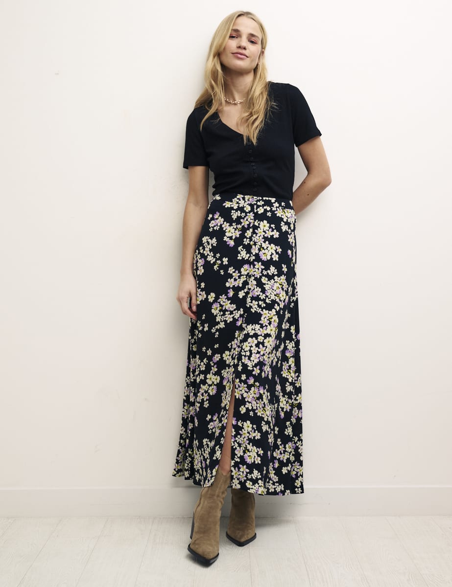 Black Floral Sadie Midi Skirt