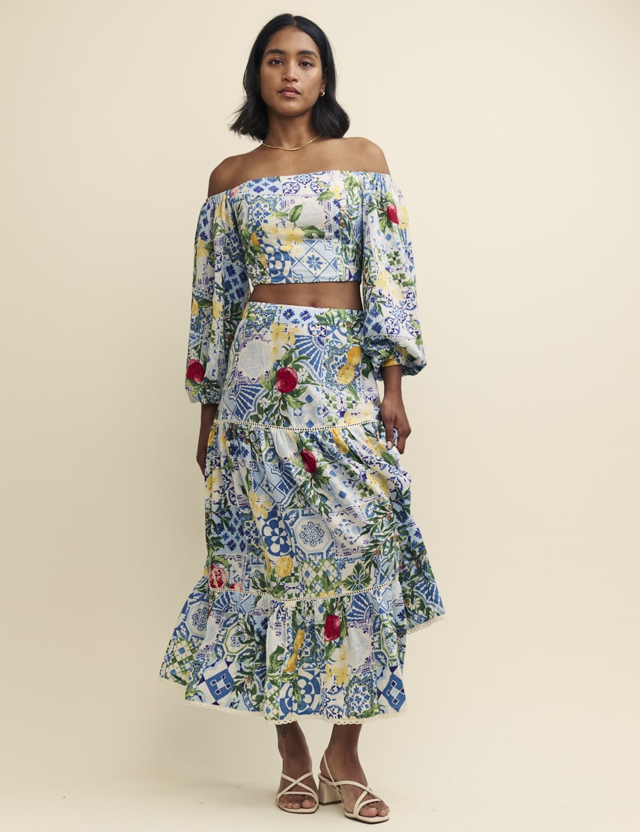 Blue Floral Tile Print Linen-blend Midi Skirt