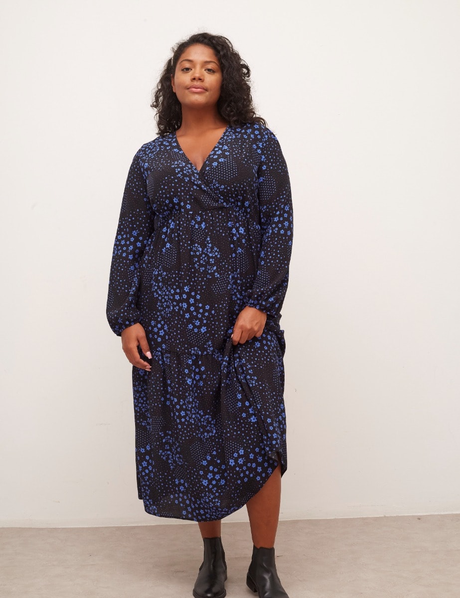Curve Black and Blue Ditsy Floral Florence Midi Dress