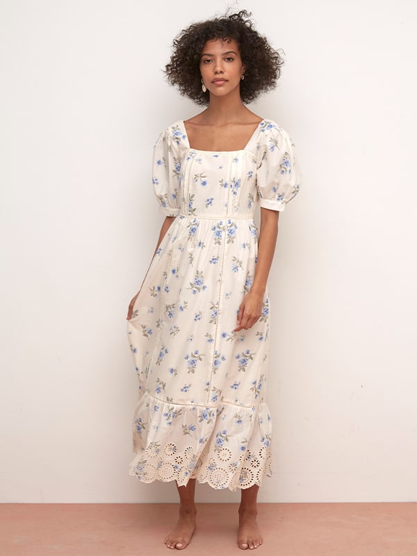 White and Blue Floral Isla Broderie Midi Dress