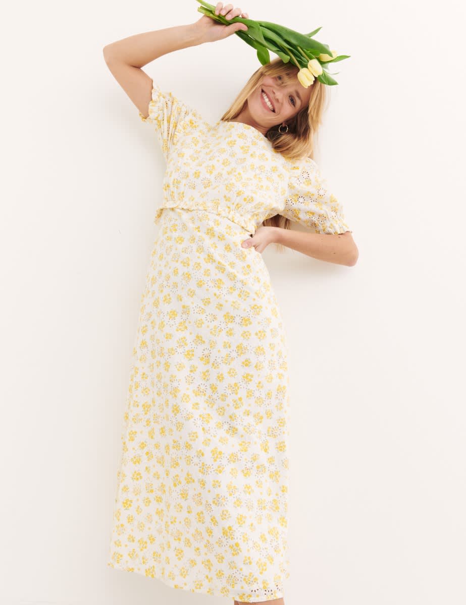Yellow Broderie Big Floral Felicia Midi Dress 