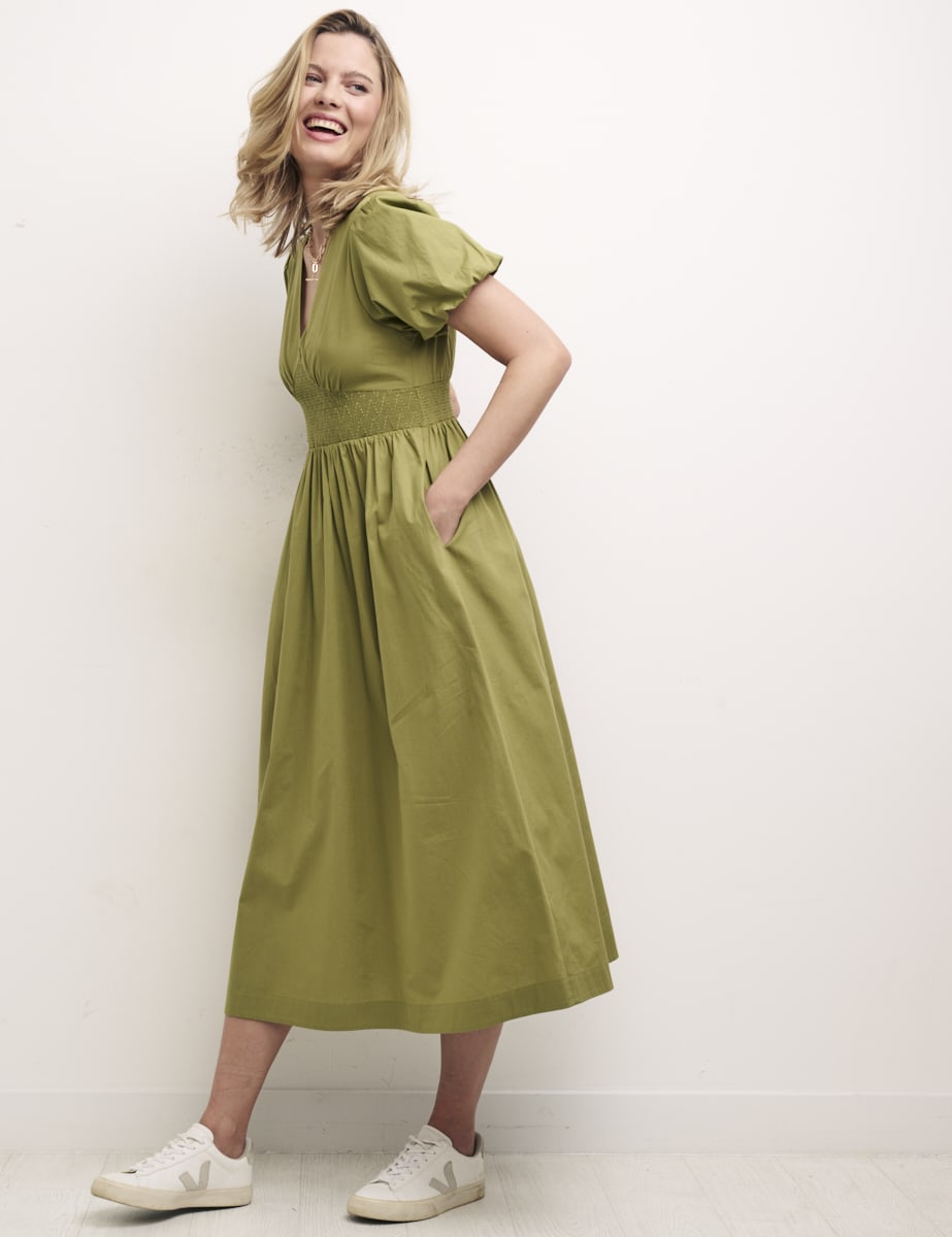 Green Sansa Puff Sleeve Midi Dress