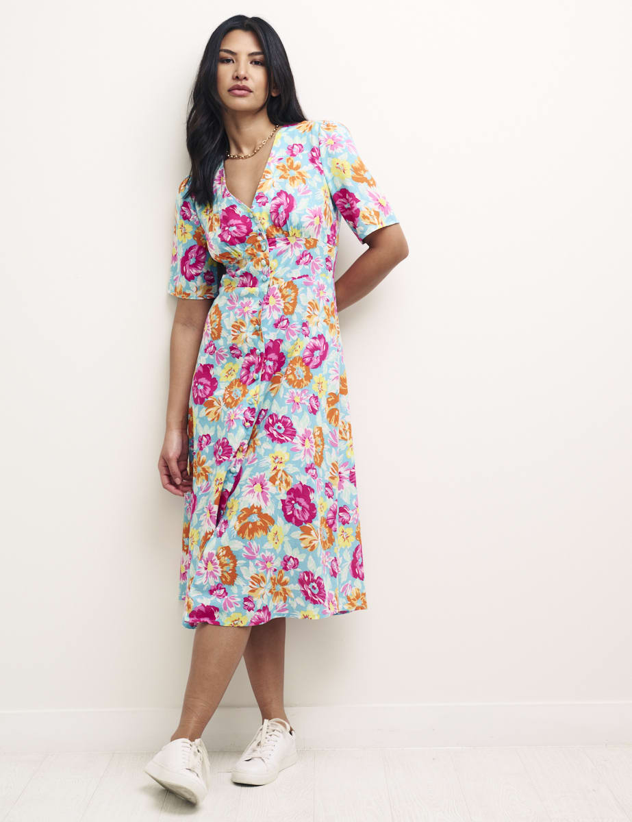 Multi Big Floral Alexa Midi with Shirring Tea Dress
