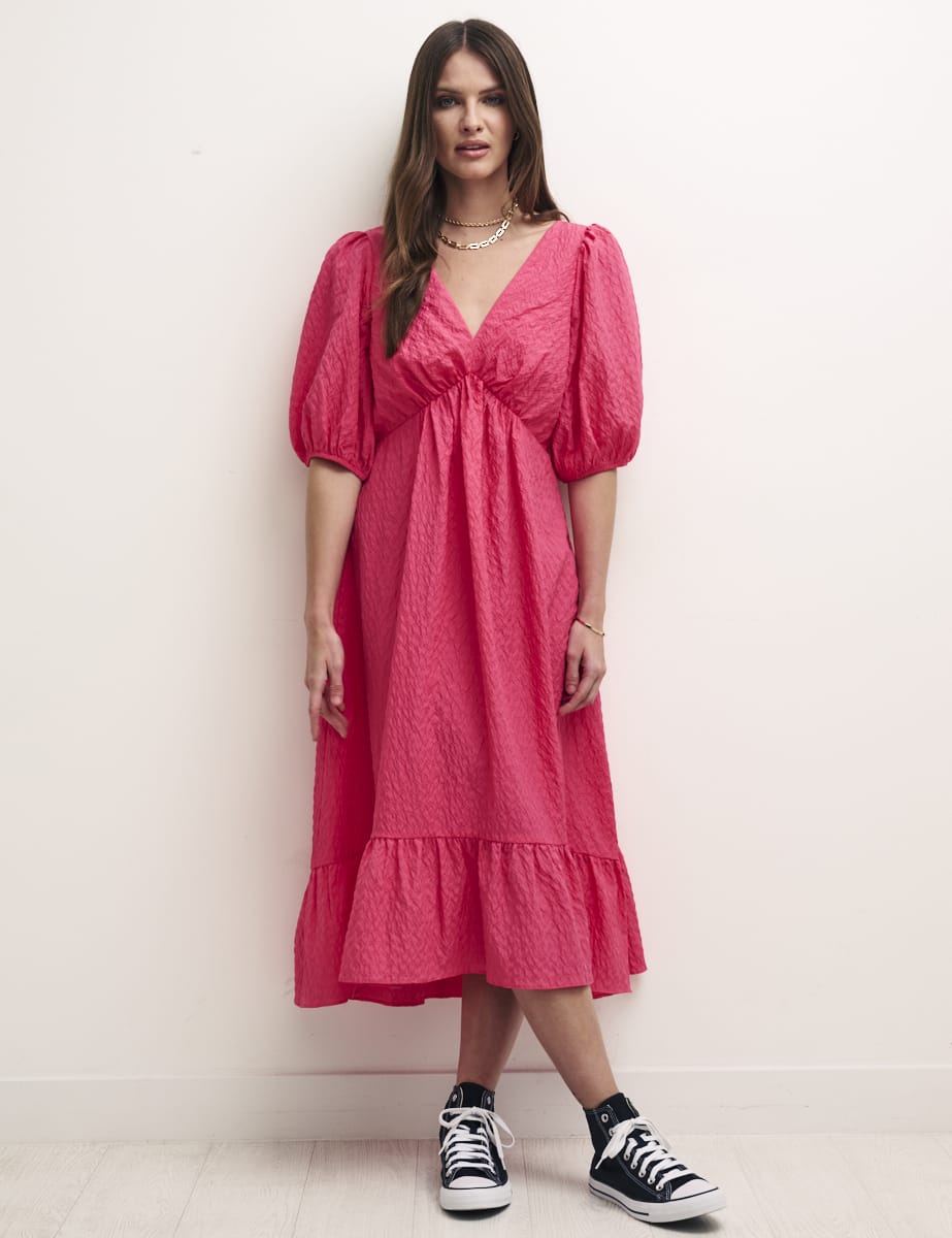 Pink V-Neck Puff Sleeve Amy Midi Dress