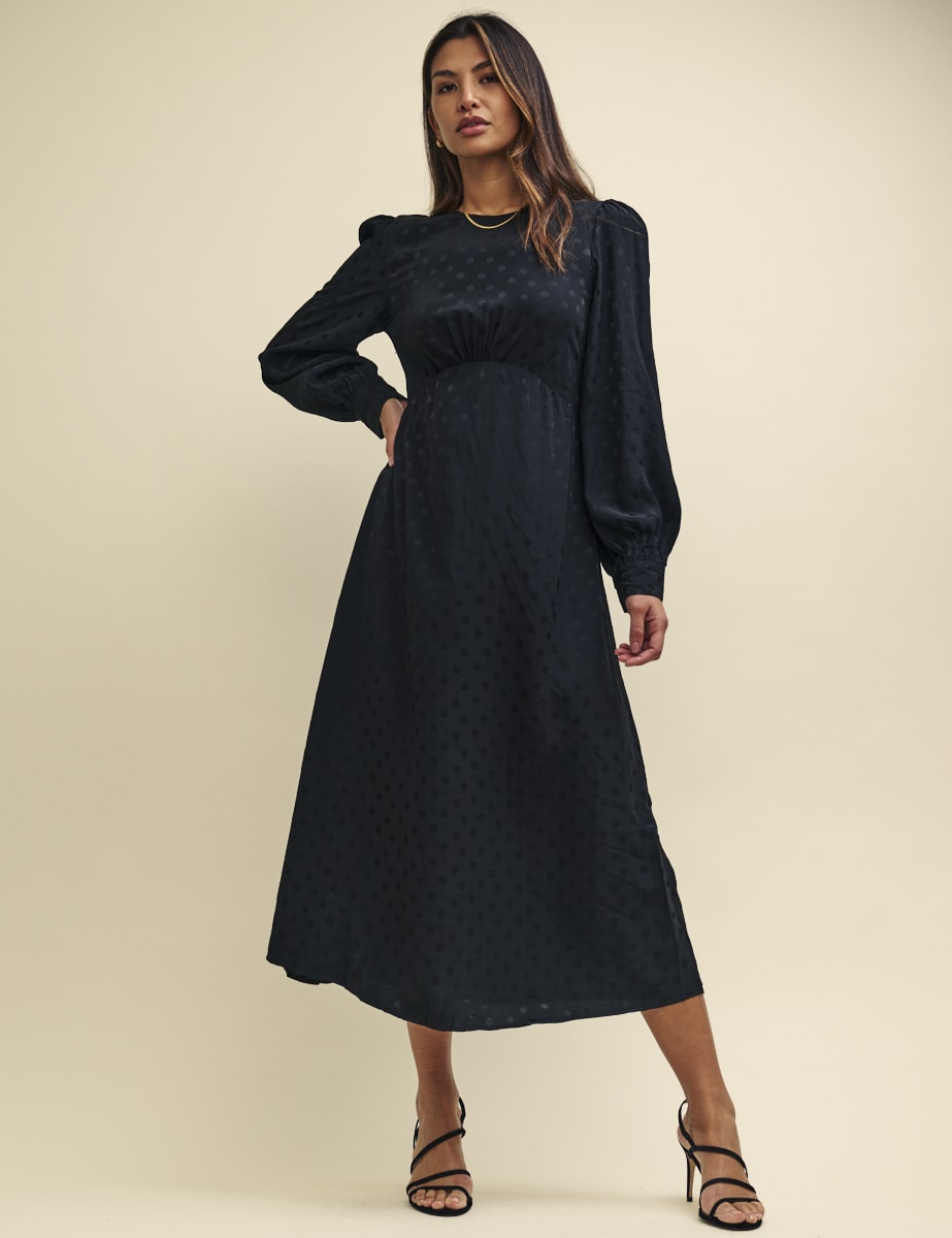Black Satin Jacquard Imogen Midi Dress