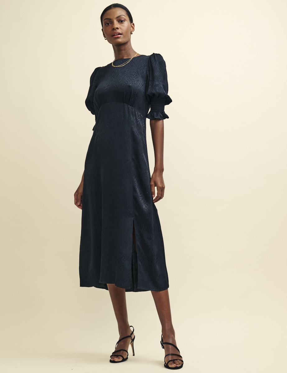 Black Satin Brushstroke Jacquard Luna Midi Dress