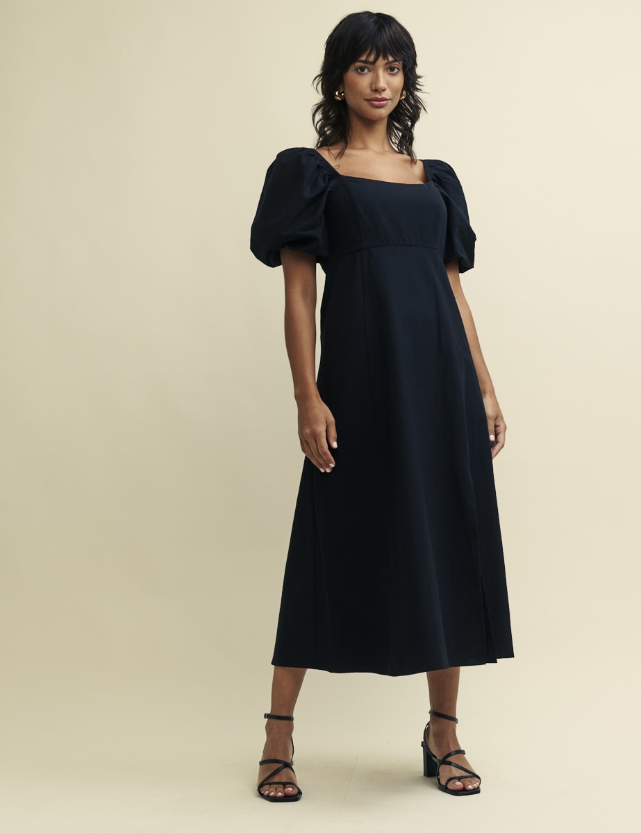 Black Linen-blend Puff Sleeve Henri Midi Dress