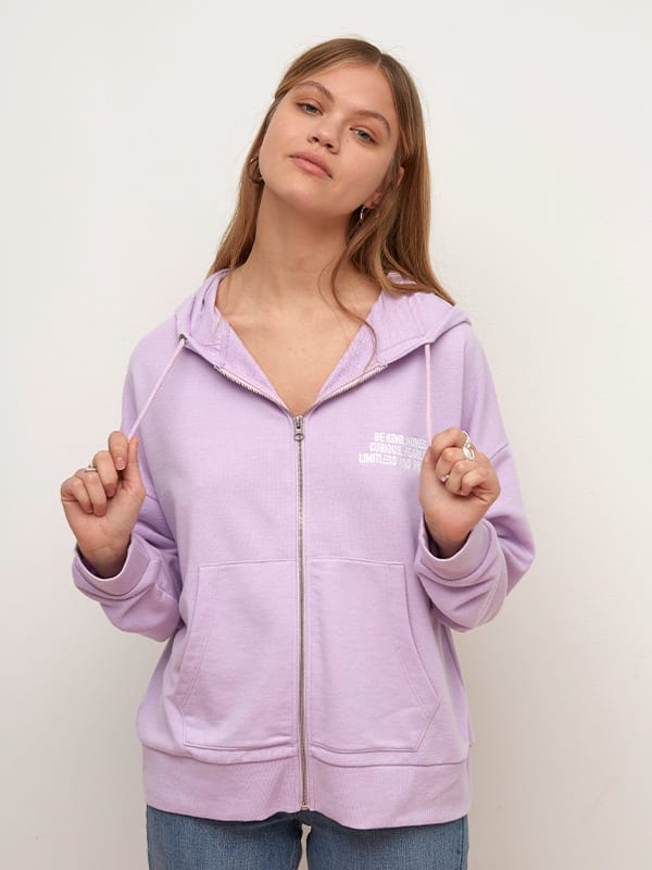 Lilac Zip Through Embroidered Hoodie