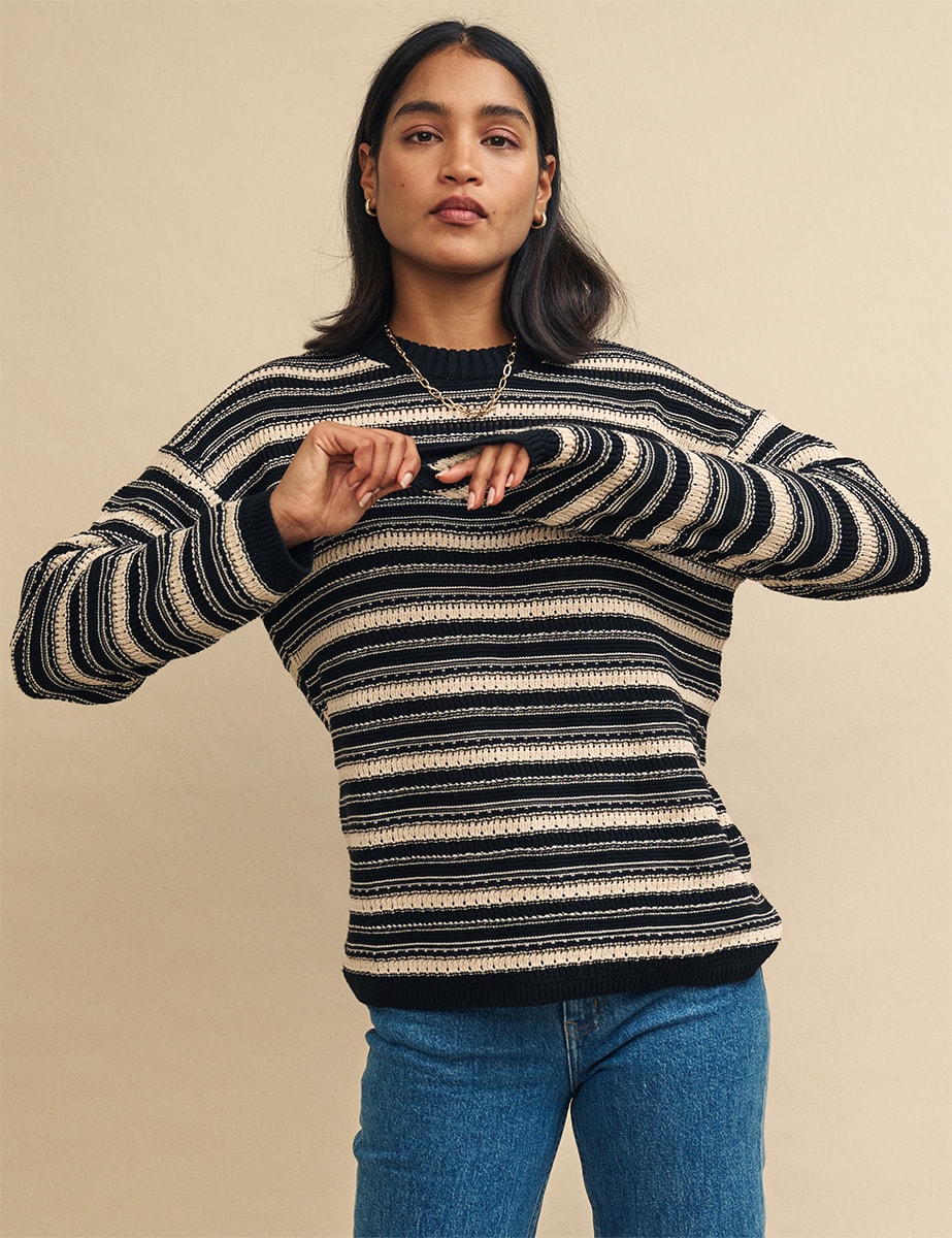 Black and Cream Stripe Knitted Crew Neck Jumper