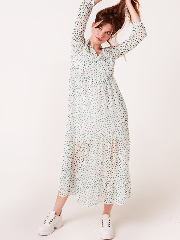White and Green Spot Elin Tiered Maxi Dress