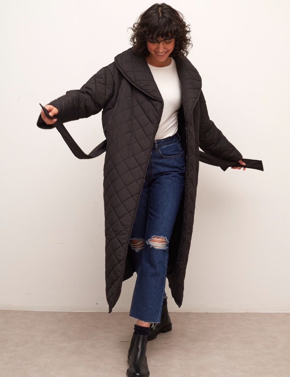 Black Somme Long Belted Quilted Coat
