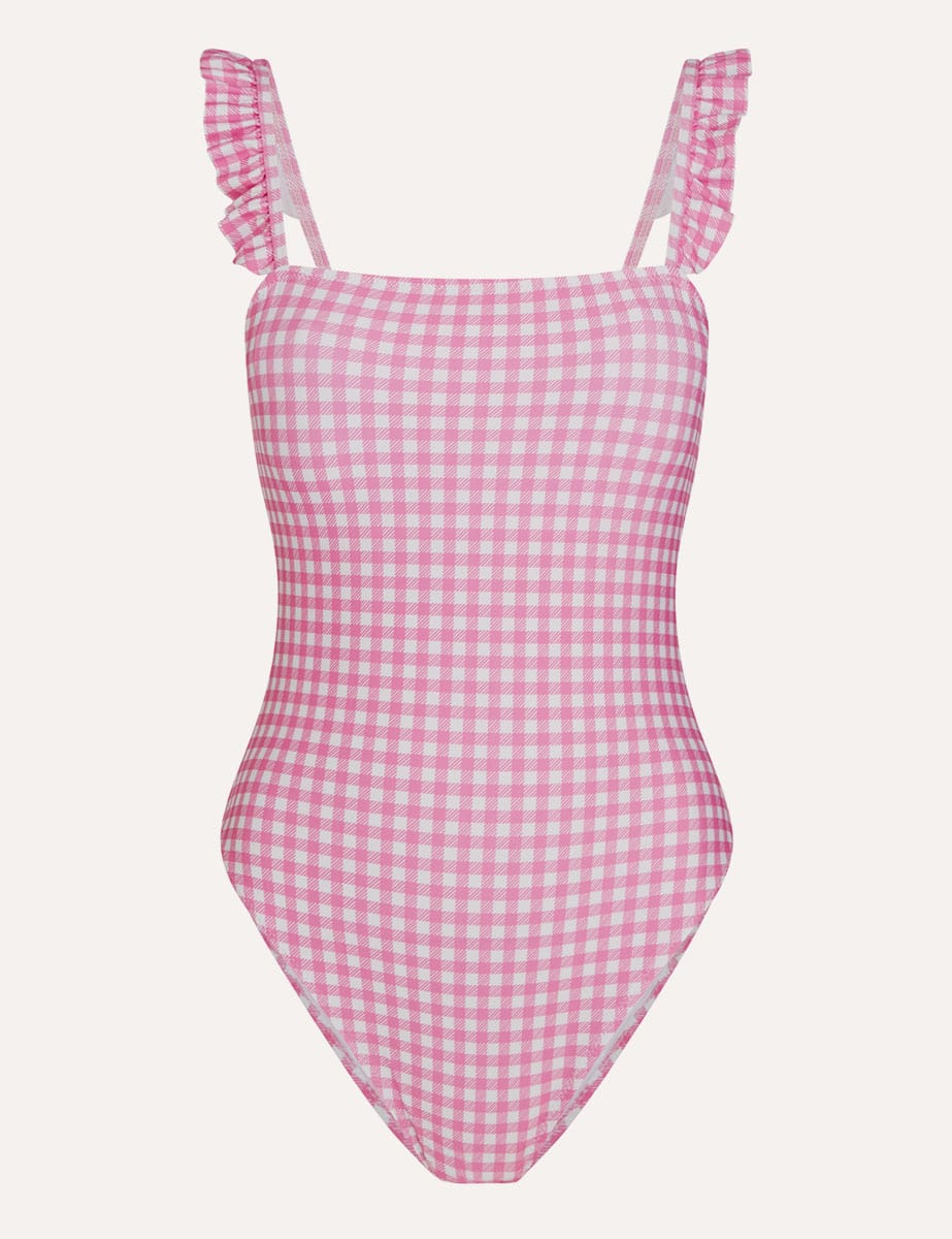 Pink Check Laura Frill Strap Square Neck Swimsuit