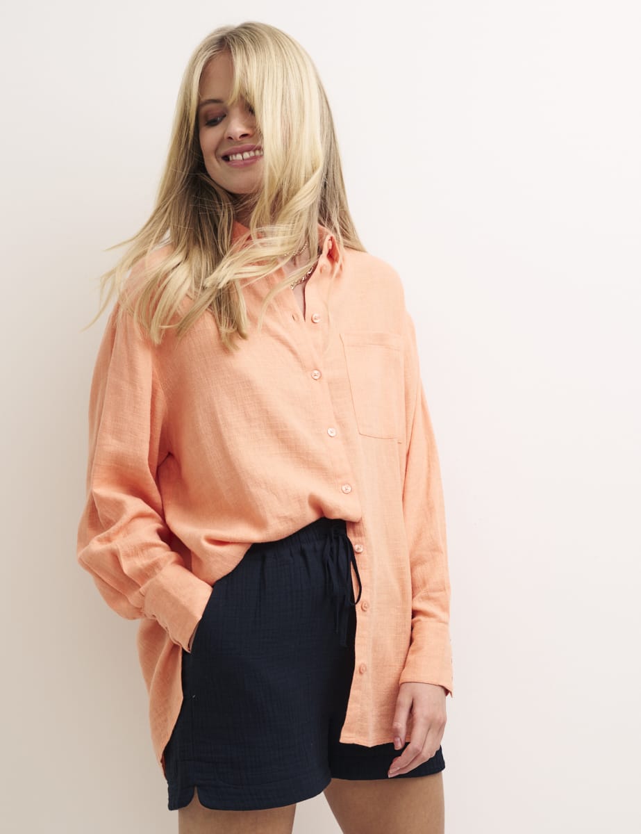 Orange Linen-blend Oversized Shirt