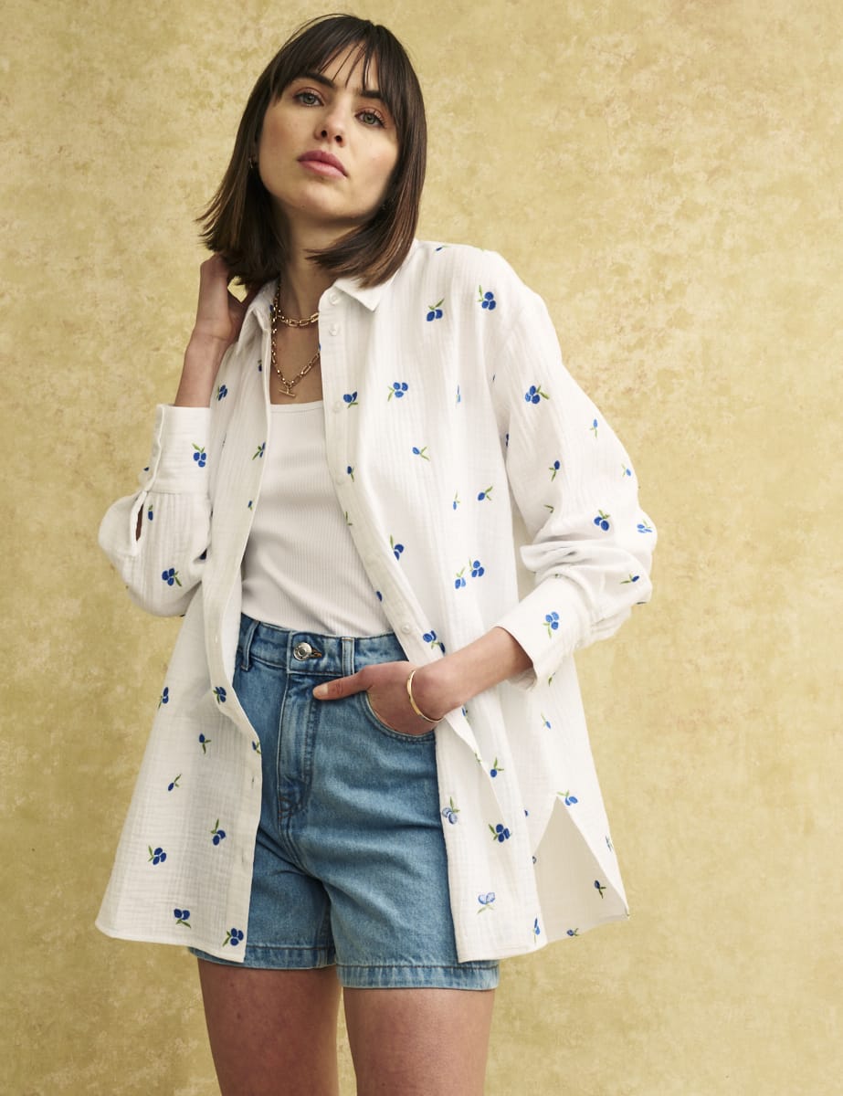 White Blueberry Embroidered Cotton Shirt