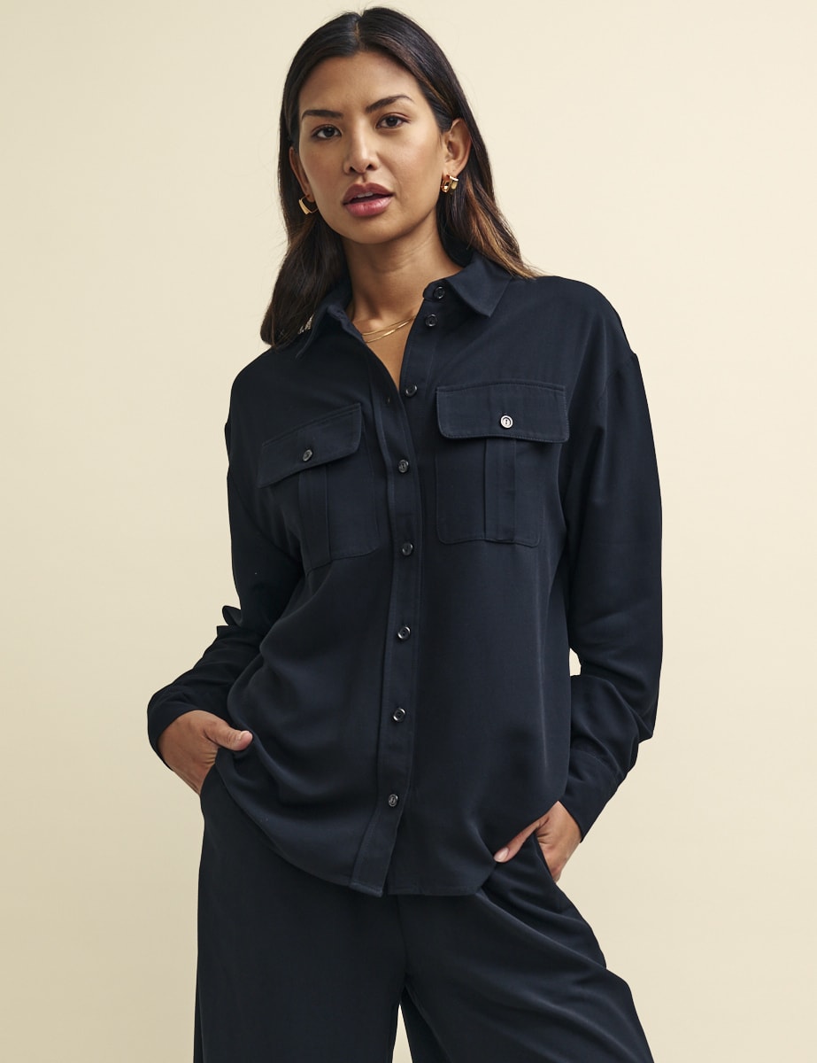 Black Long Sleeve Utility Button-Up Shirt