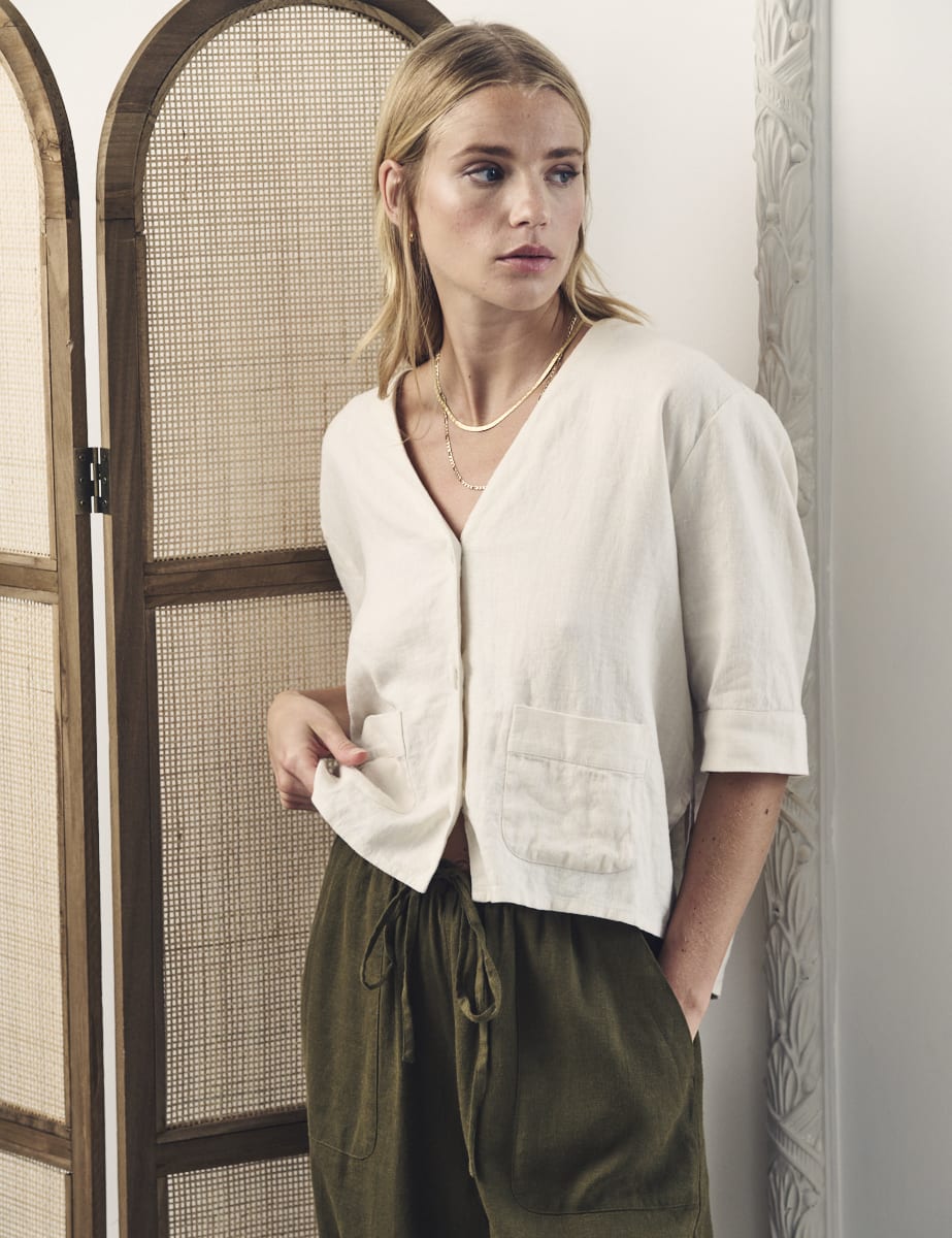 Cream Linen-blend Short Sleeve Shirt