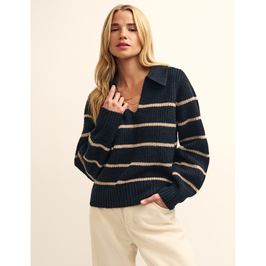 Black and Camel Stripe Open Collar Chunky Knitted Jumper | Nobody's Child