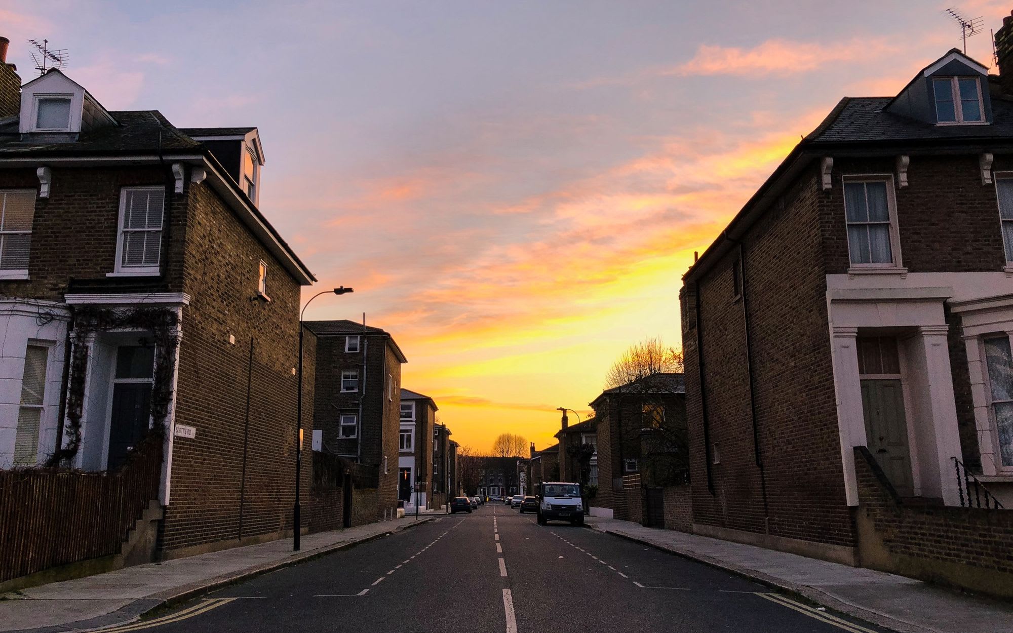 Sunset view of a residential street in West London