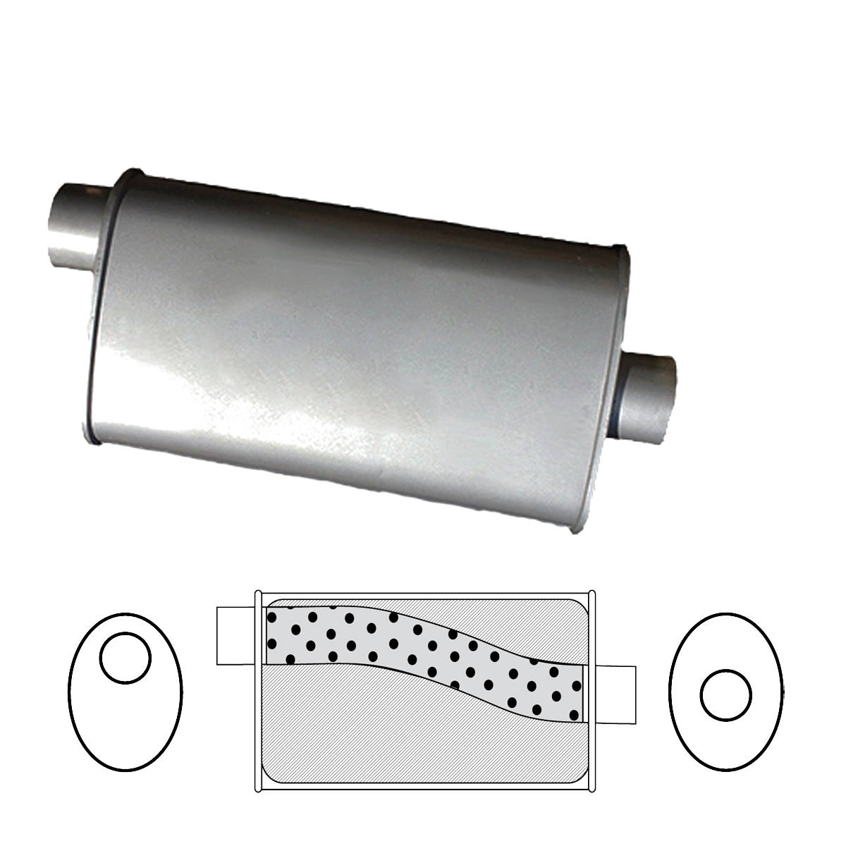 9" x 4" Oval, 14" Long, 3", O/C, Spigots, Mega Power, 409 Stainless, Unpolished