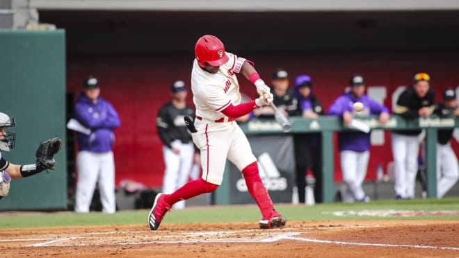 NC State Wolfpack baseball's Devonte Brown swings.