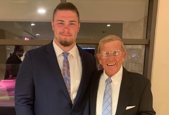 Clarkston (Mich.) High offensive lineman and Notre Dame target Rocco Spindler with former Fighting Irish head coach Lou Holtz